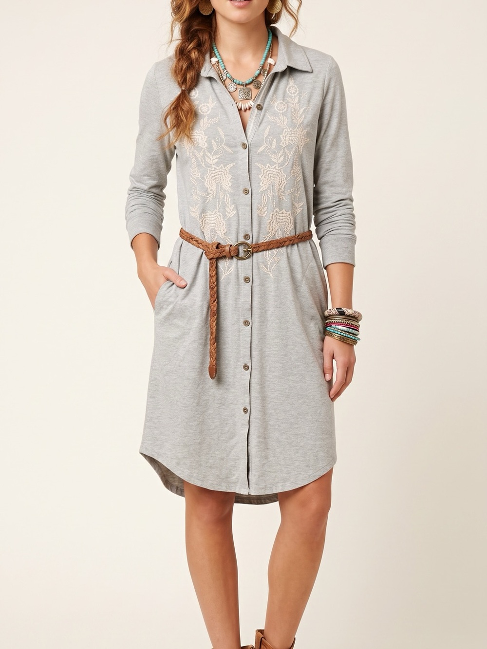 Soft Surroundings Light Gray Embroidered Button-Up Shirt Dress BOHO